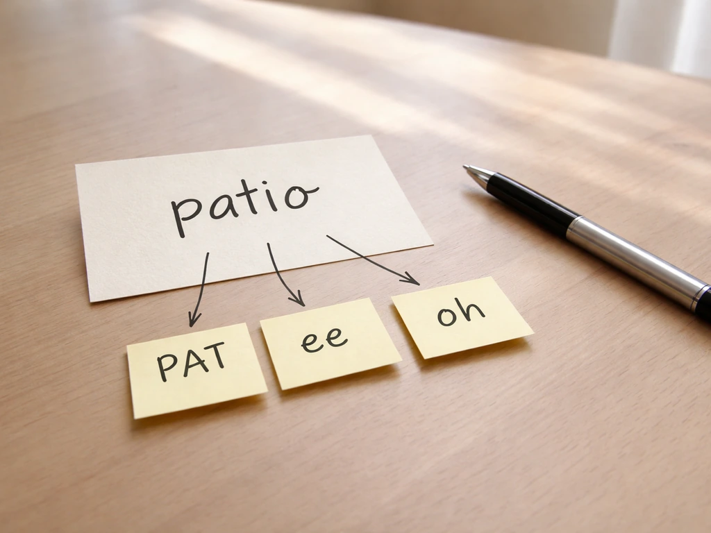 Handwritten patio word card with phonetic cue blocks and arrows on a quiet desk.