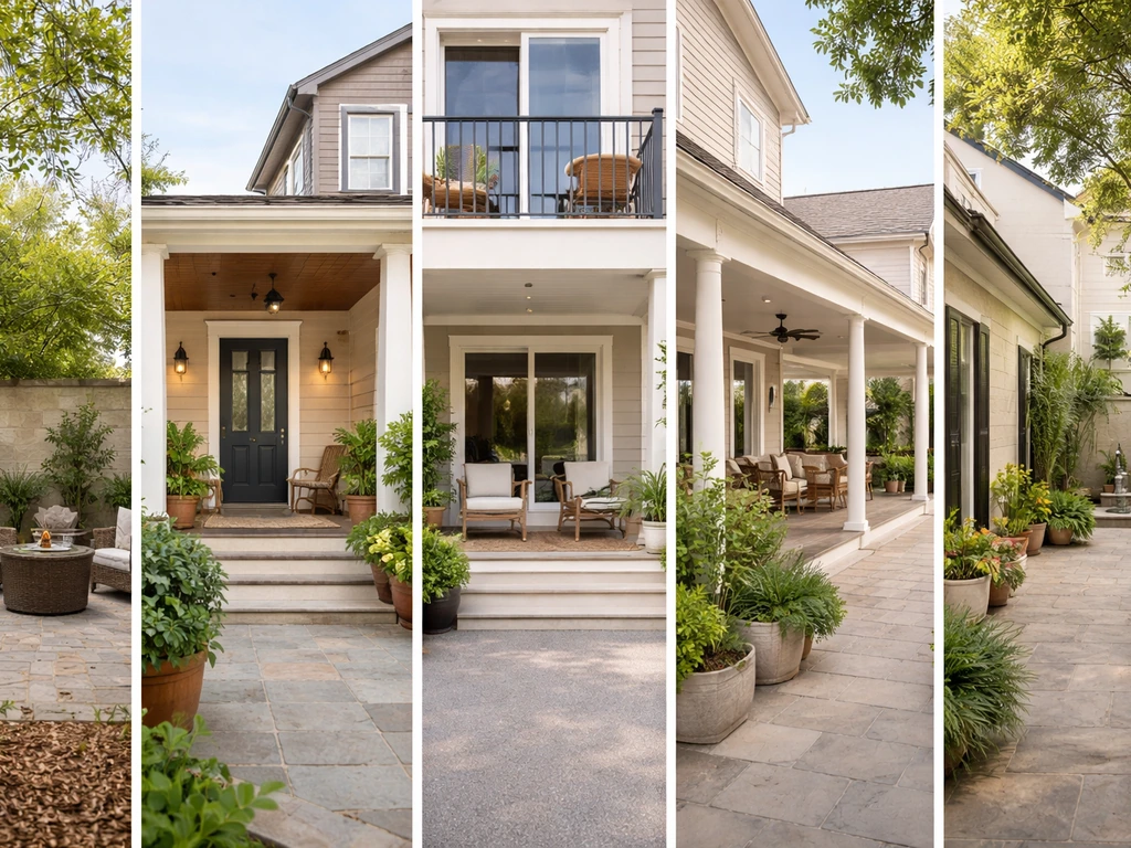 Ground-level patio, attached porch, elevated balcony, covered veranda, and enclosed courtyard shown side by side.