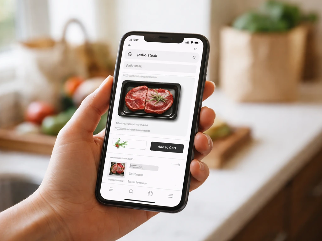Close-up of a phone showing a grocery delivery search for “patio steak” and a selected item