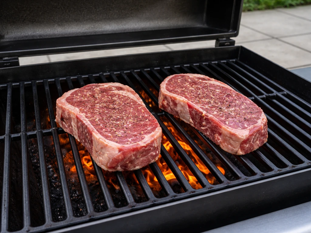 Hot preheated patio grill with two steaks placed for direct high-heat searing