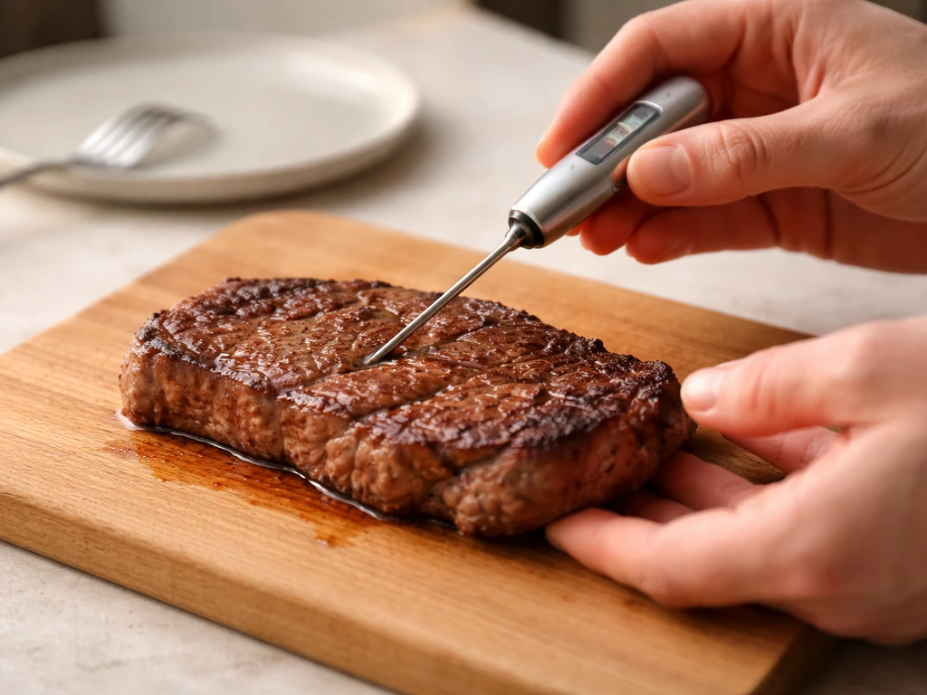 Hands holding a food thermometer against a thin beef steak on a simple cutting board
