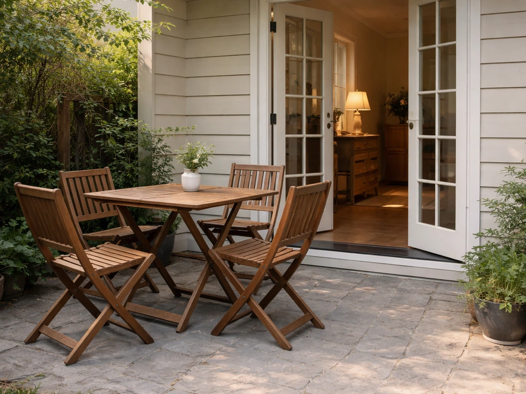 Ground-level view of a paved patio beside a home doorway with a simple outdoor dining table and chairs.