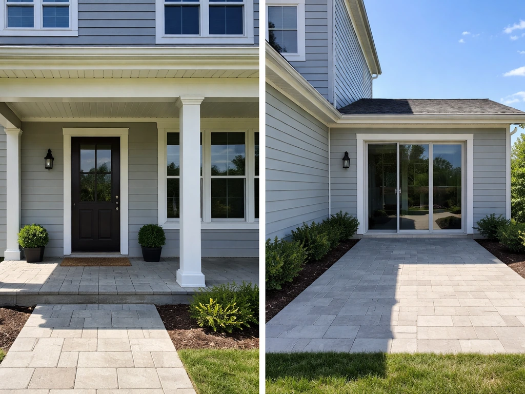 Same home facade showing a covered porch with columns and roof beside an open patio without overhead cover.