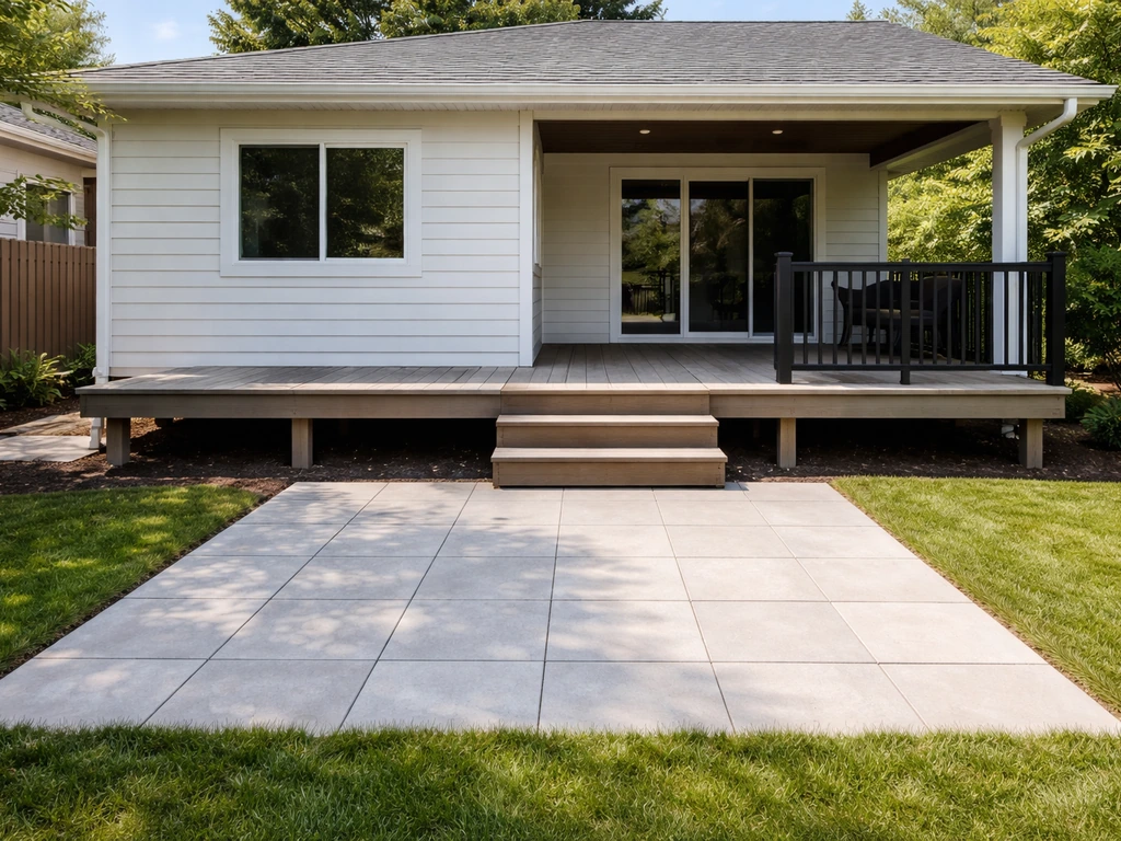 Outdoor patio-to-deck inspection scene showing ground-level and raised frame cues with a hardscape surface