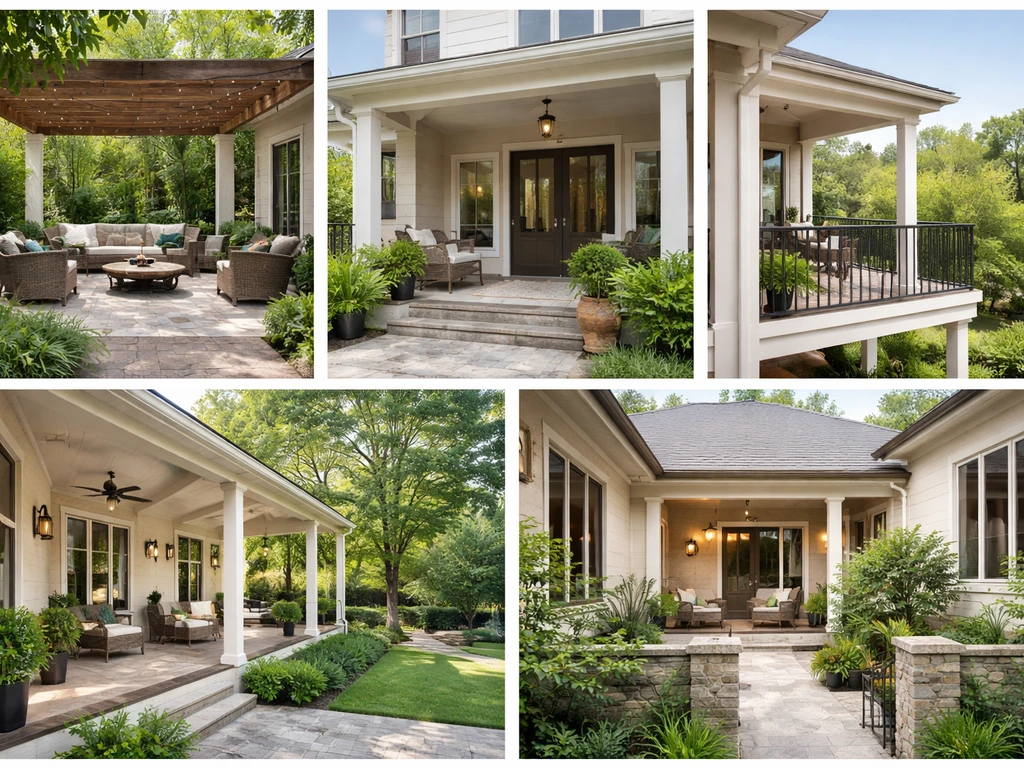 Five connected outdoor areas showing patio, porch, balcony, veranda, and courtyard differences in a home setting.
