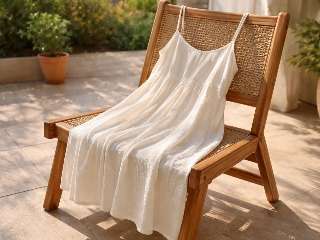 Light patio dress draped on a wooden chair on a sunny outdoor patio with soft greenery in the background.