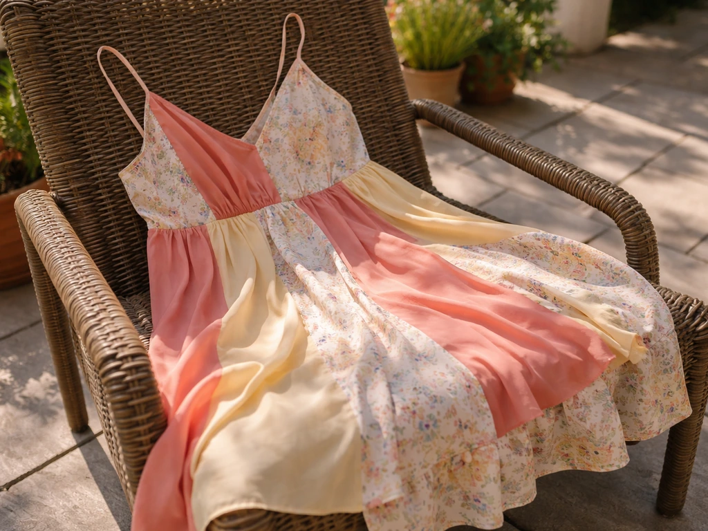 Loose colorful patio dress laid on a chair on a sunny outdoor patio.