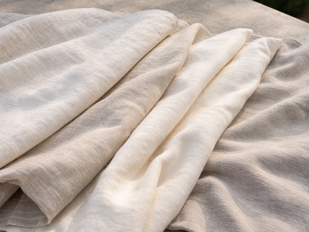 Close-up of linen and cotton/jersey dress fabrics showing breathable woven and knit textures.