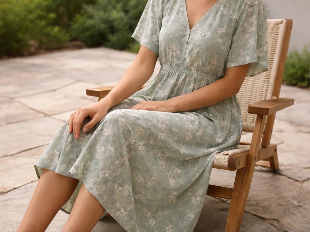 Model seated on a patio chair wearing a relaxed knee-length/midi dress with flowing drape