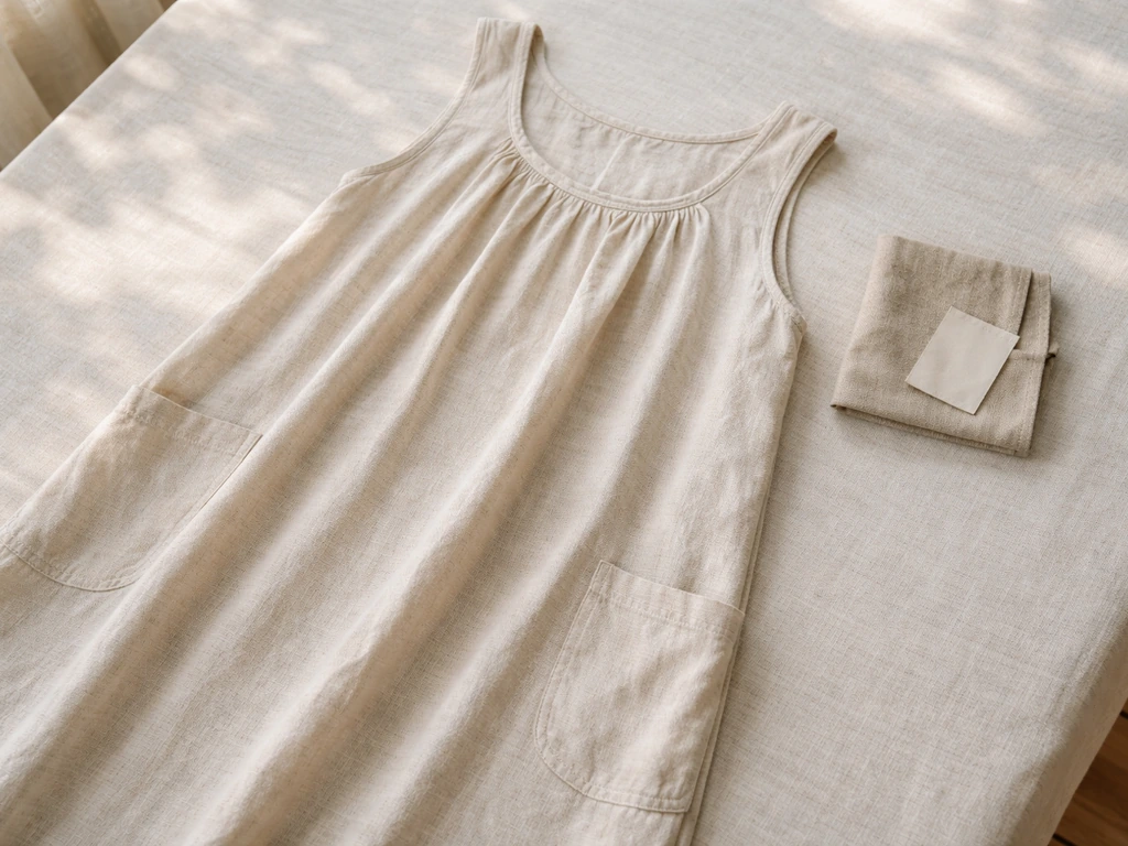 Patio dress laid on a table with pockets visible, plus a breathable fabric swatch and care tag close-up.