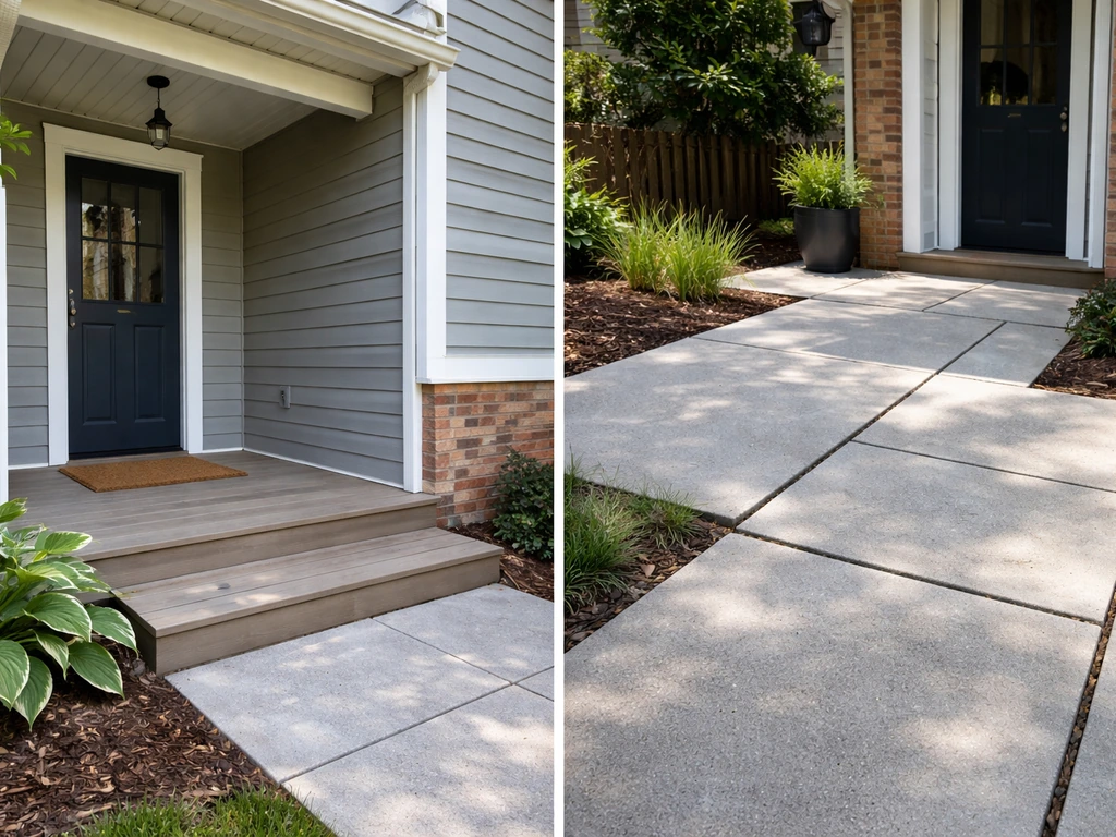 Close-up of a home entry showing porch roof overhang next to a set-back paved patio area