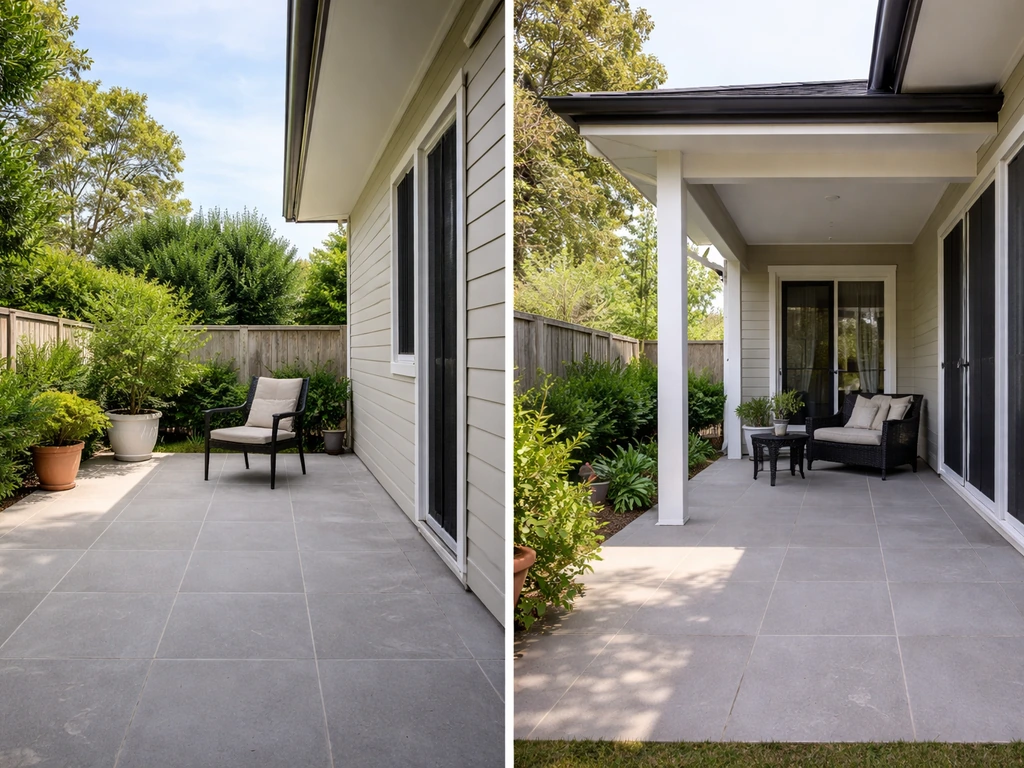 Side-by-side patio (open sky) and roofed verandah attached to a home exterior.