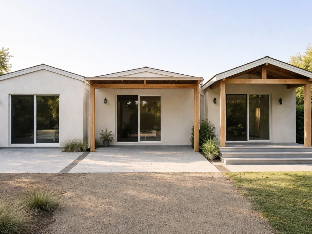 Three adjacent outdoor spaces showing open patio, attached roofed verandah, and fully roofed standalone porch.