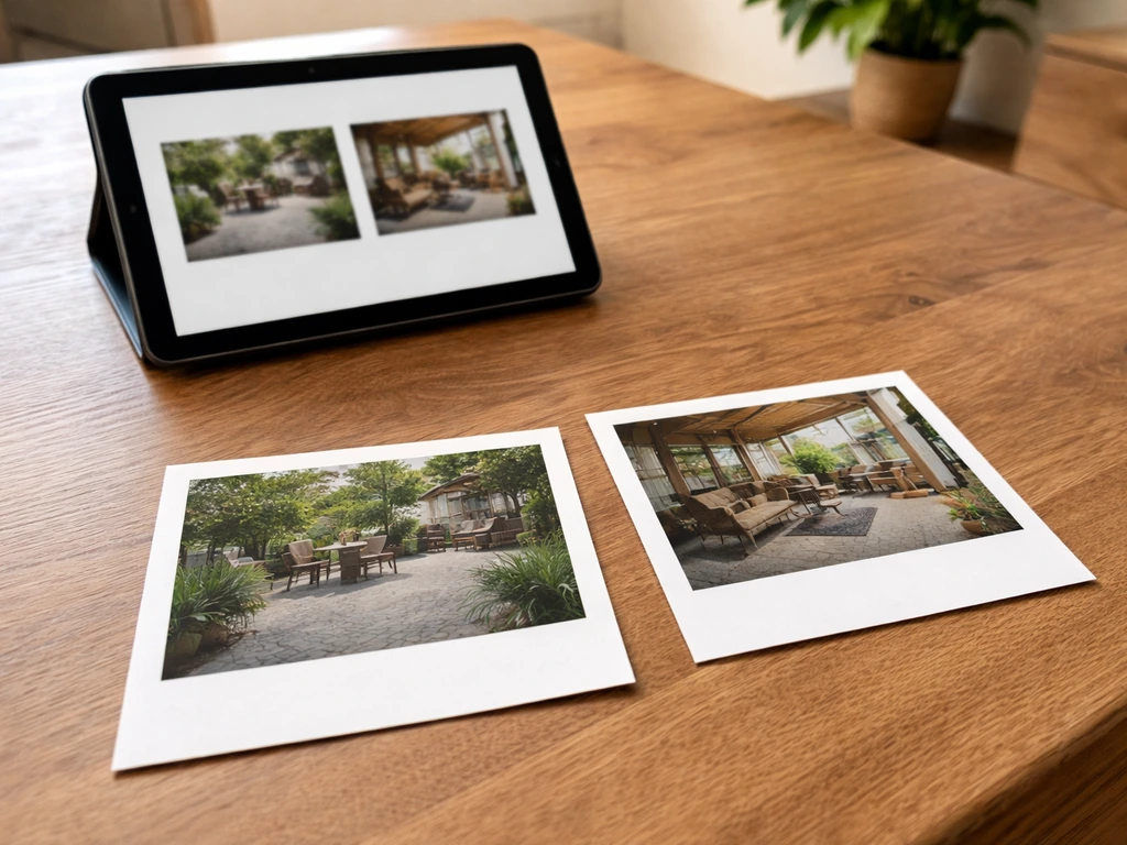 Tablet on a kitchen table showing blurred patio and verandah photos, illustrating corrected real-estate wording.