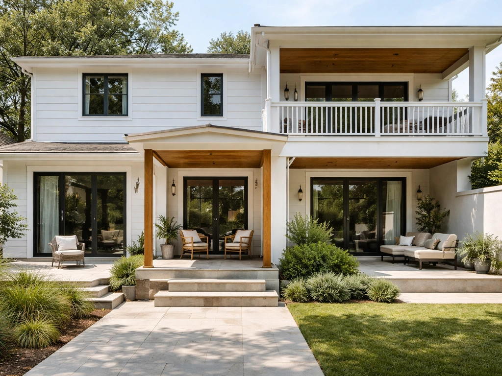 Home exterior showing patio, raised porch, upper balcony/veranda, and a ground courtyard area.