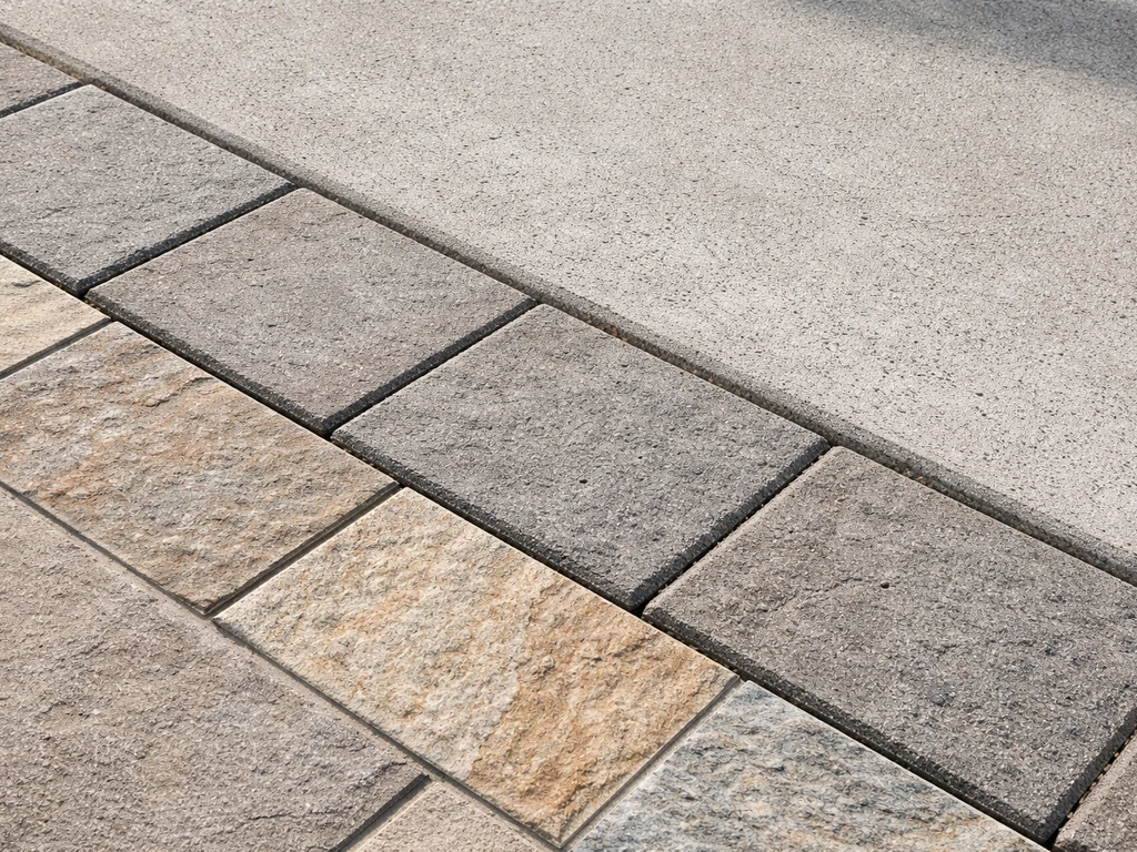 Close-up textures of concrete, pavers, and stone tile patio surfaces with visible seams and edges.