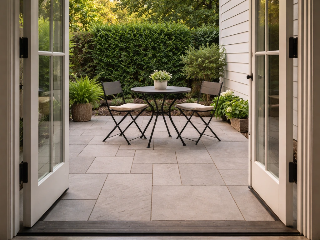 Hard-surfaced patio next to a home’s door with a small outdoor dining set in natural light.