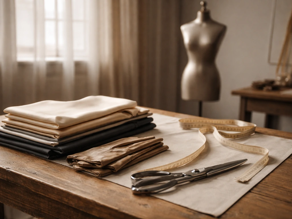 Luxury fashion atelier workspace with designer tools and a subtle wealth-focused mood