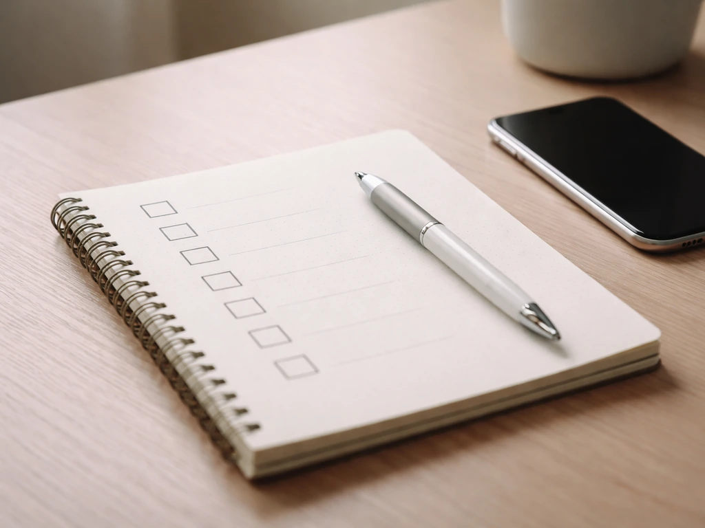 Minimal desk scene with blank checklist boxes in an open notebook and a pen, no text.