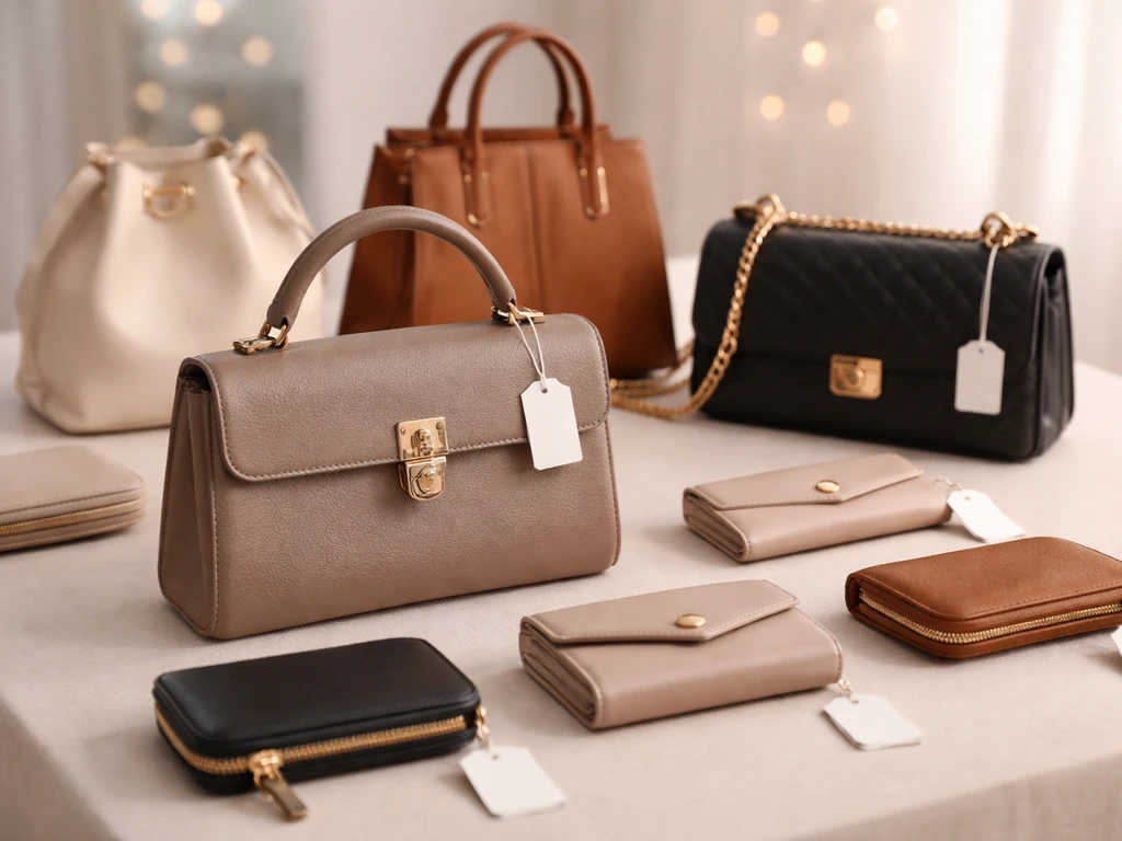 Close-up of luxury handbags and accessories on a studio table with softly visible price tags.