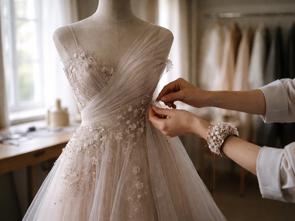 Hands tailor an unfinished couture gown on a mannequin in a bright, minimal atelier.