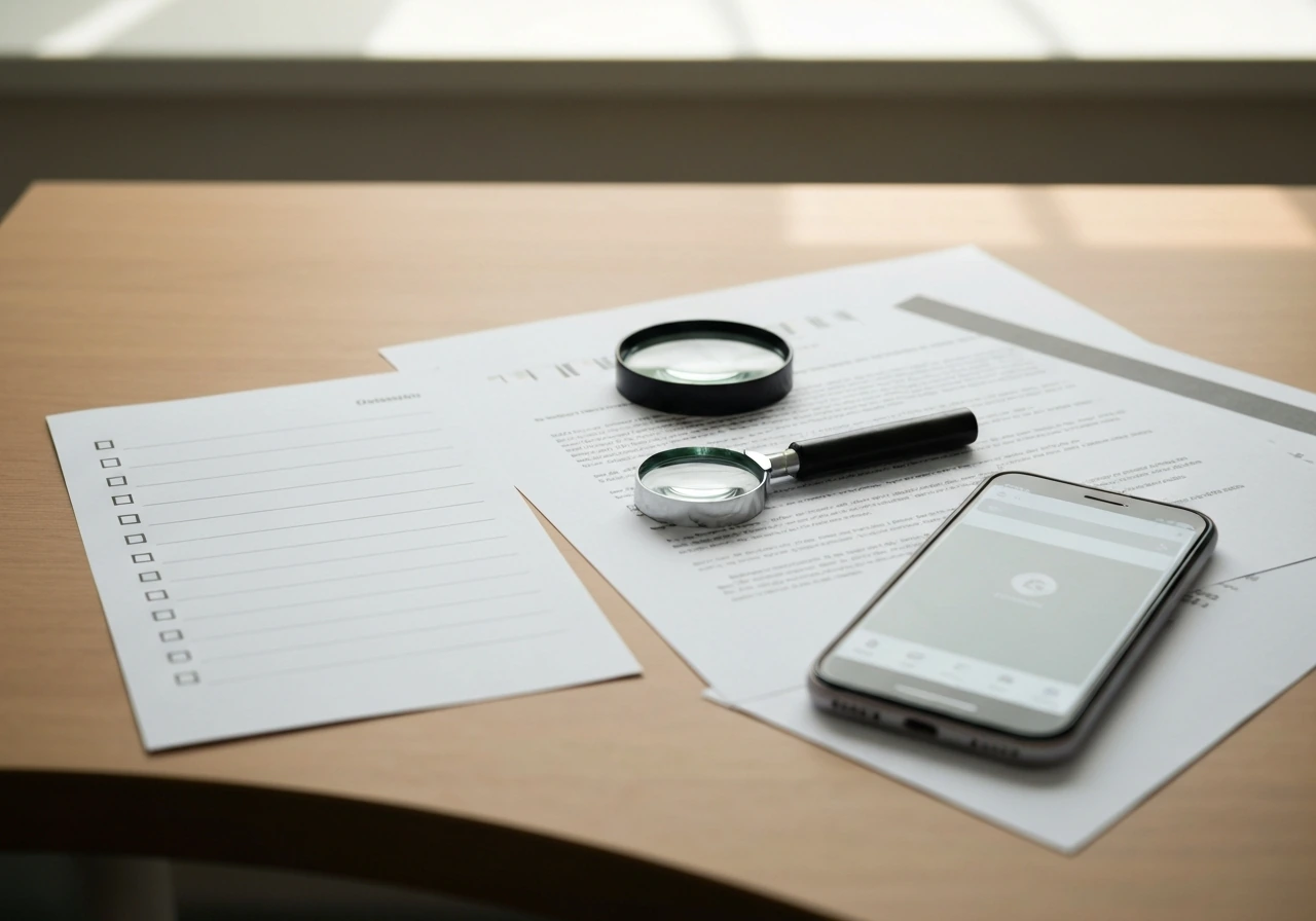Minimal office desk with checklist notes, documents, and a smartphone showing search results without readable text.