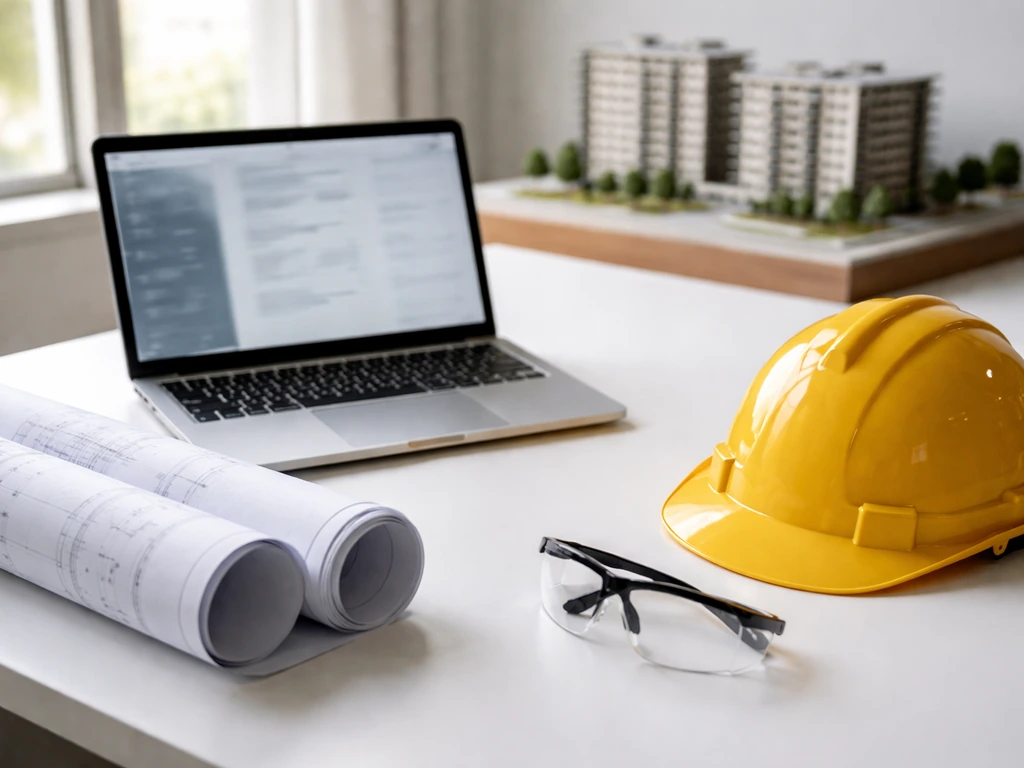 Empty drafting desk with blueprint, helmet, and laptop in a bright office symbolizing a civil engineering career
