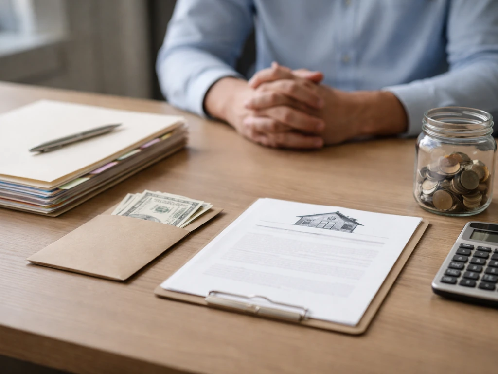 Minimal office desk with official-looking documents, cash, coins, and a calculator for public-record asset review