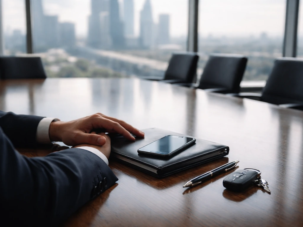 Hands in a corporate boardroom with a notebook and smartphone, skyline visible through a window.