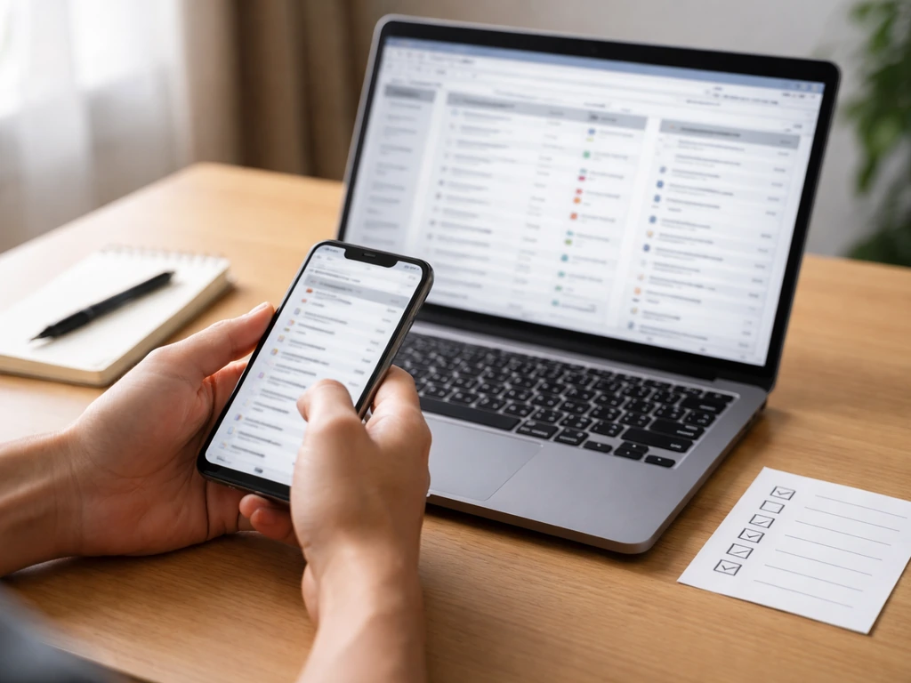 Hands compare an anonymous phone and laptop search for official records, with a blank checklist on a desk.