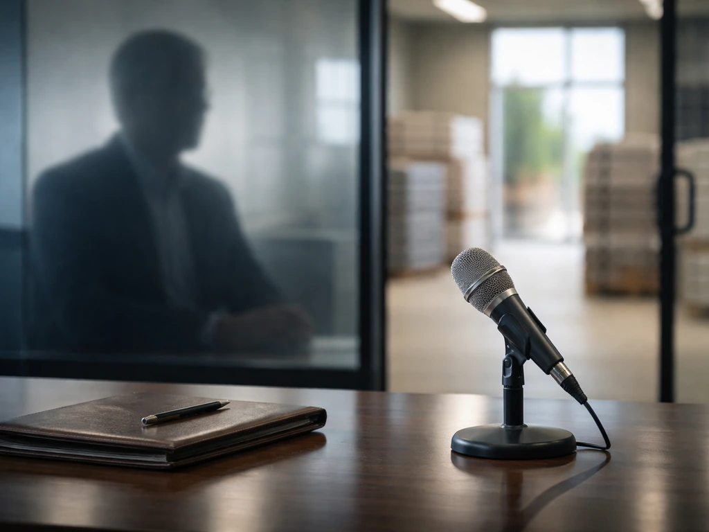 Minimal office scene with construction materials setting, business microphone, and FBM-style tones suggesting leader ana