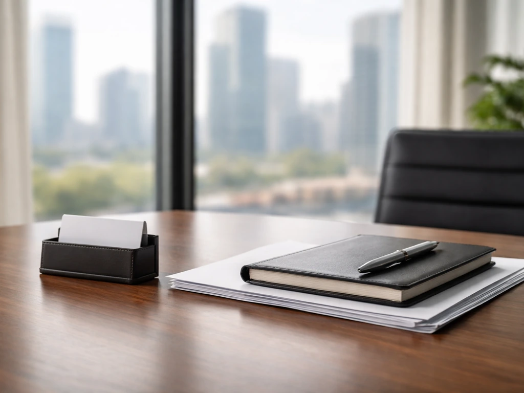 Minimal office scene with a blurred city skyline and a business card holder symbolizing a company leader
