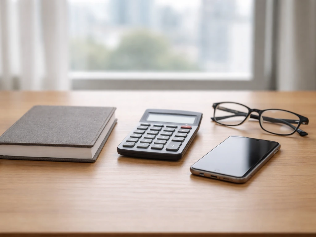 Close-up of a notebook and calculator on a desk with a blurred business skyline outside the window.