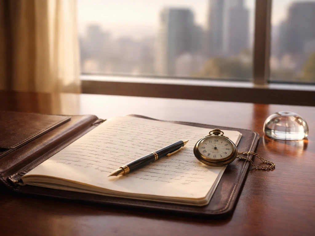 Warm desk scene with an open leather portfolio, fountain pen, and pocket watch suggesting a 2011 financial milestone.