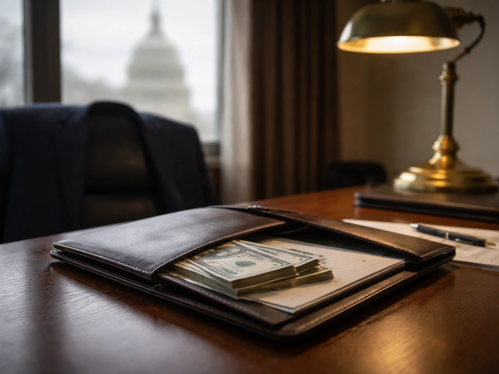 Minimal desk scene with a suit jacket and portfolio holding a few banknotes, symbolizing a net worth range.