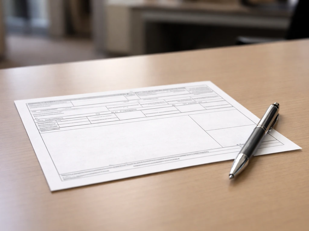 Close-up of an official government pay document folder on a desk with a pen and blurred office background.