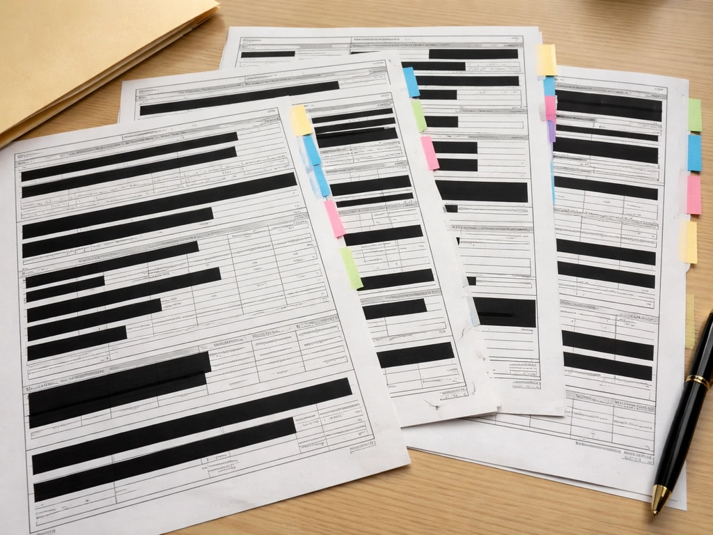 Close-up of Senate financial disclosure forms on a desk with redaction-style black bars, pen nearby.