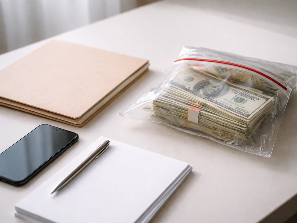 Cash evidence bag on a desk beside a courthouse folder, symbolizing legal case impact on finances.