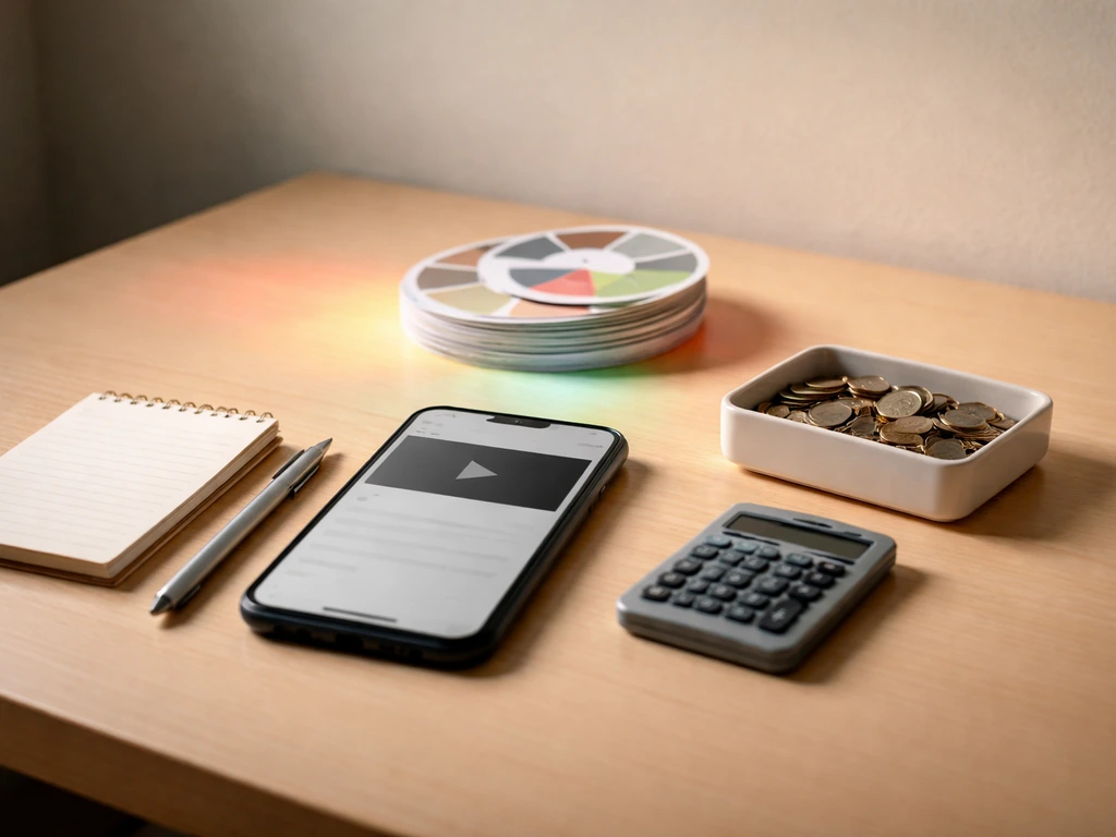 Minimal desk scene with a smartphone, notebook, and coins symbolizing YouTube net worth estimation inputs.