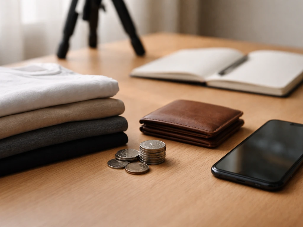 Close-up of a YouTube-inspired wealth corner: neatly folded t-shirts, a stack of coins, and a smartphone on a desk
