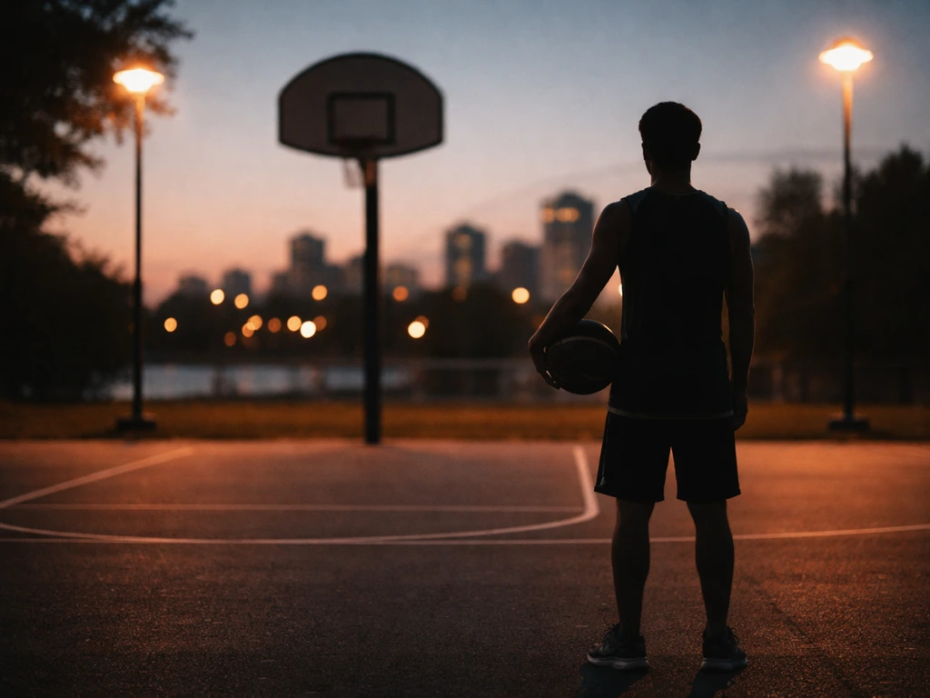 Minimal photo of an anonymous NBA-style player silhouette on a basketball court at dusk, symbolizing O.J. Mayo.