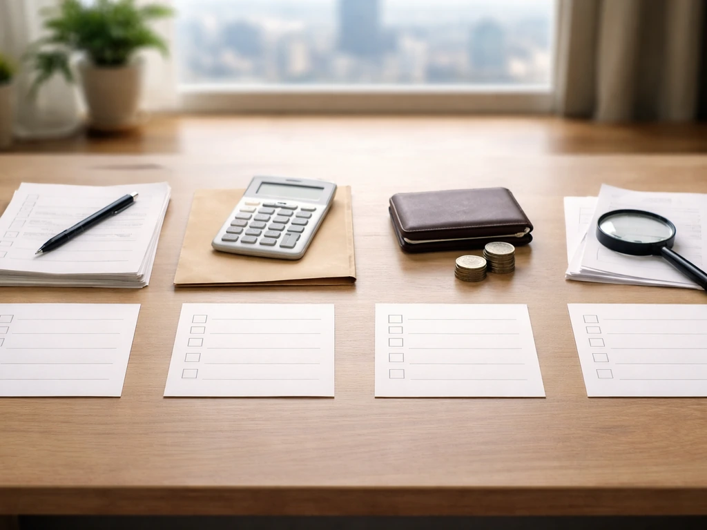 Minimal desk scene with notecards, calculator, coins, wallet, and magnifying glass suggesting net worth steps.