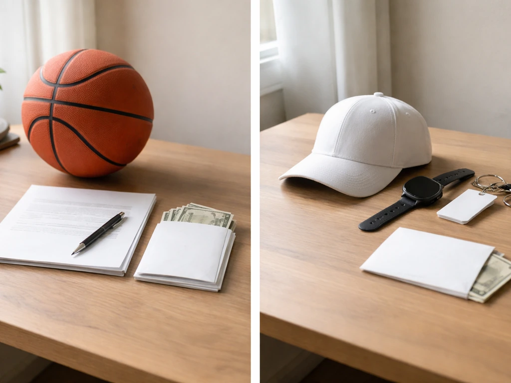 Minimal desk split showing basketball and contract for salary income, and accessories for endorsement income.