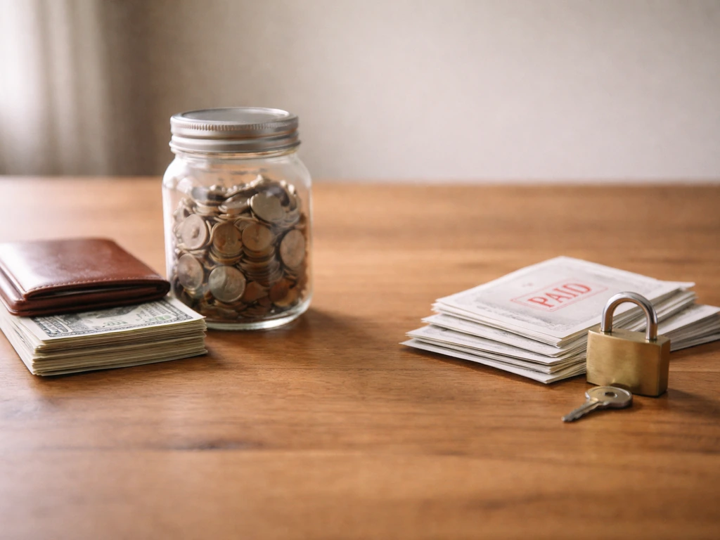 Minimal desk with assets items on one side and debt-like objects on the other, symbolizing net worth.