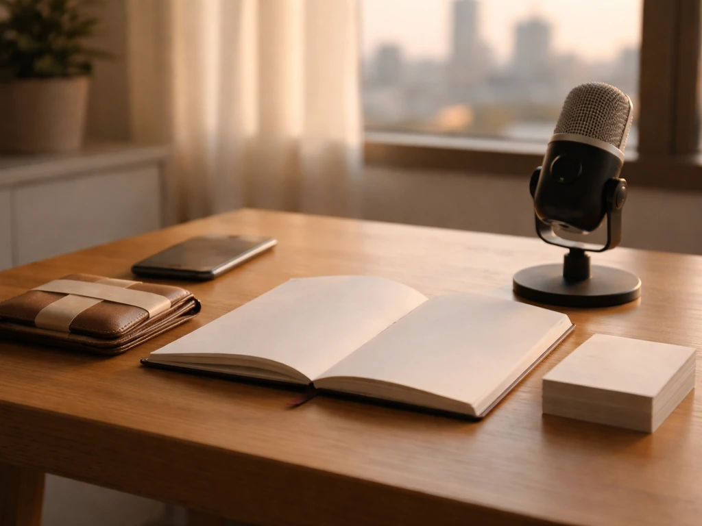 Minimal desk scene with wallet, blank notebook, and microphone suggesting net-worth estimation for creators.