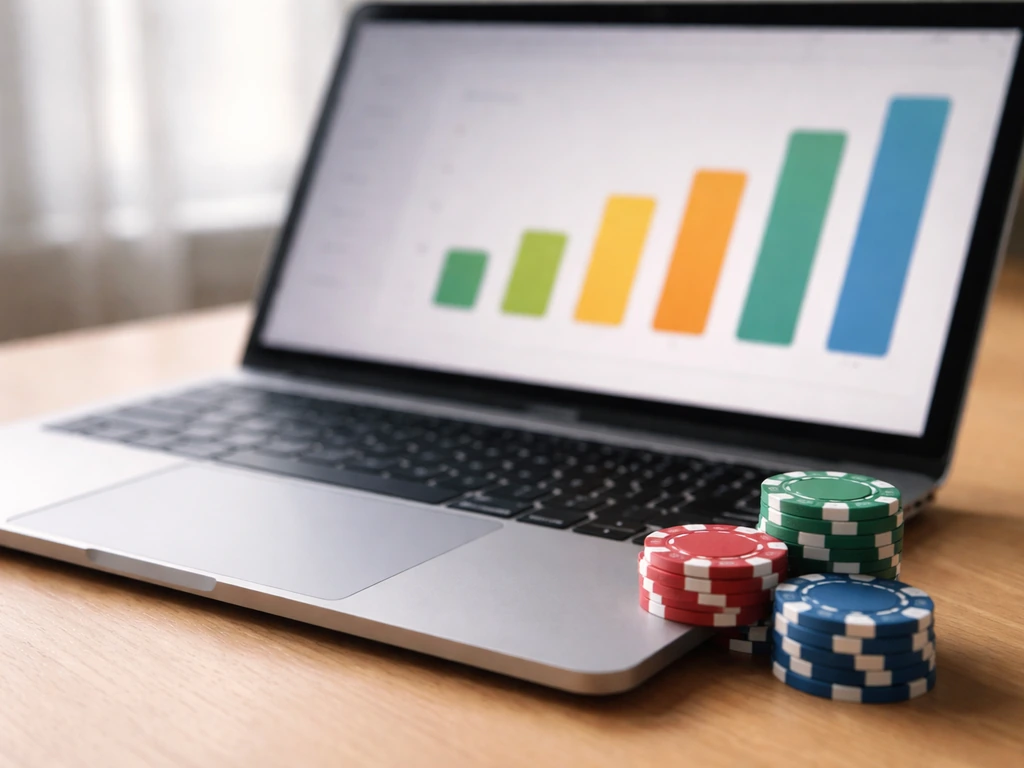 Minimal desk scene with laptop dashboard-like bars and casino chips suggesting high CPM ad revenue