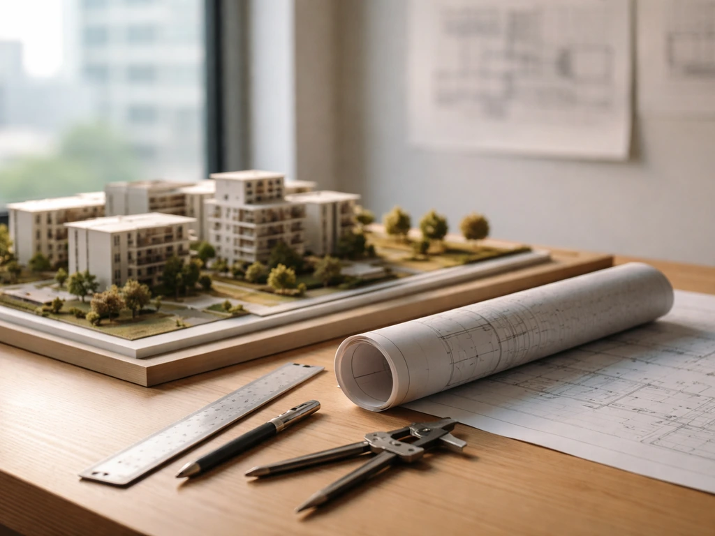 Architectural office desk with blueprint-like layout tools and a subtle model, suggesting business wealth analysis.