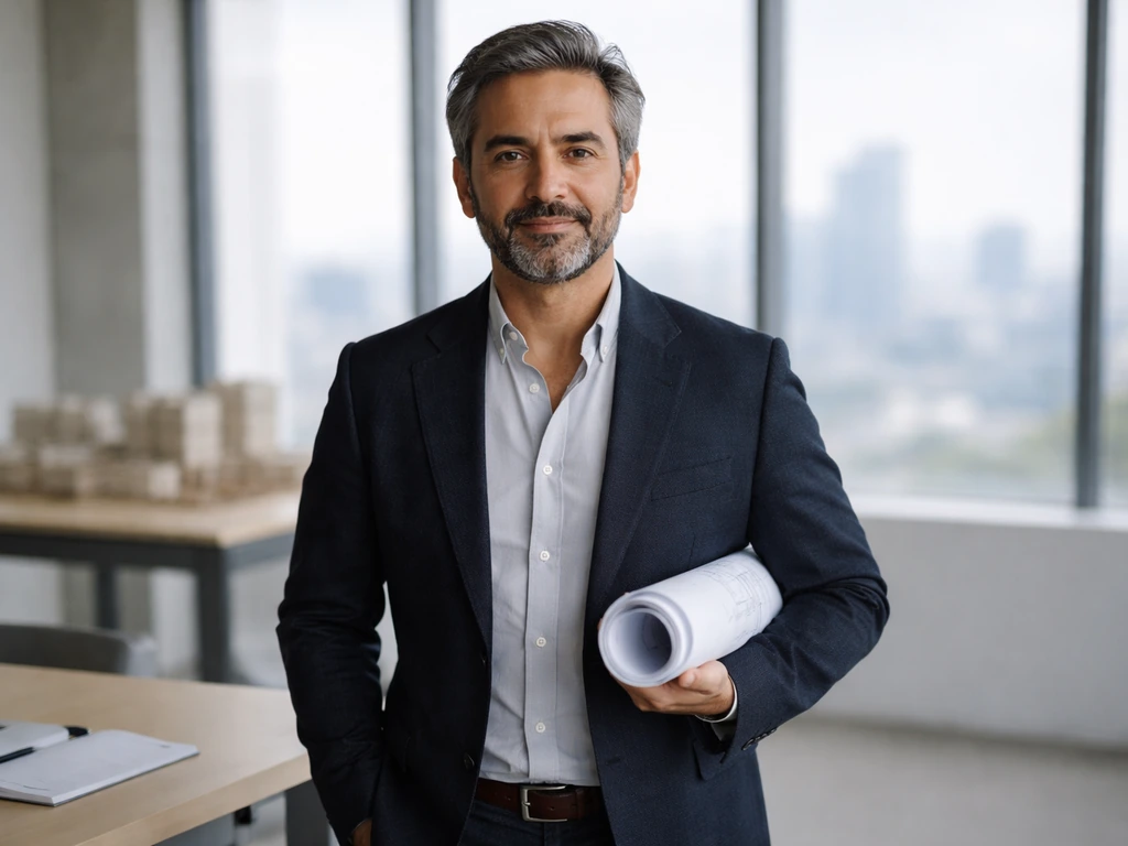 Henry Muñoz III in a modern architectural office, standing near a window with a blurred city view.