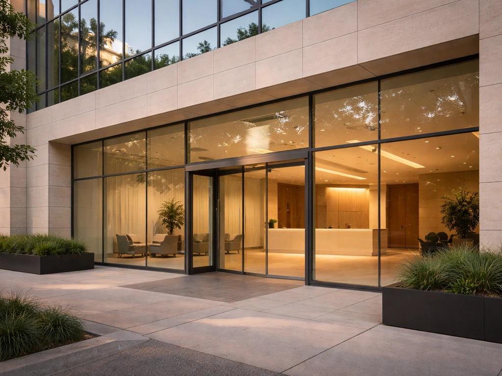 Modern office building exterior with a quiet glass lobby entrance, symbolizing a design firm’s wealth and stability