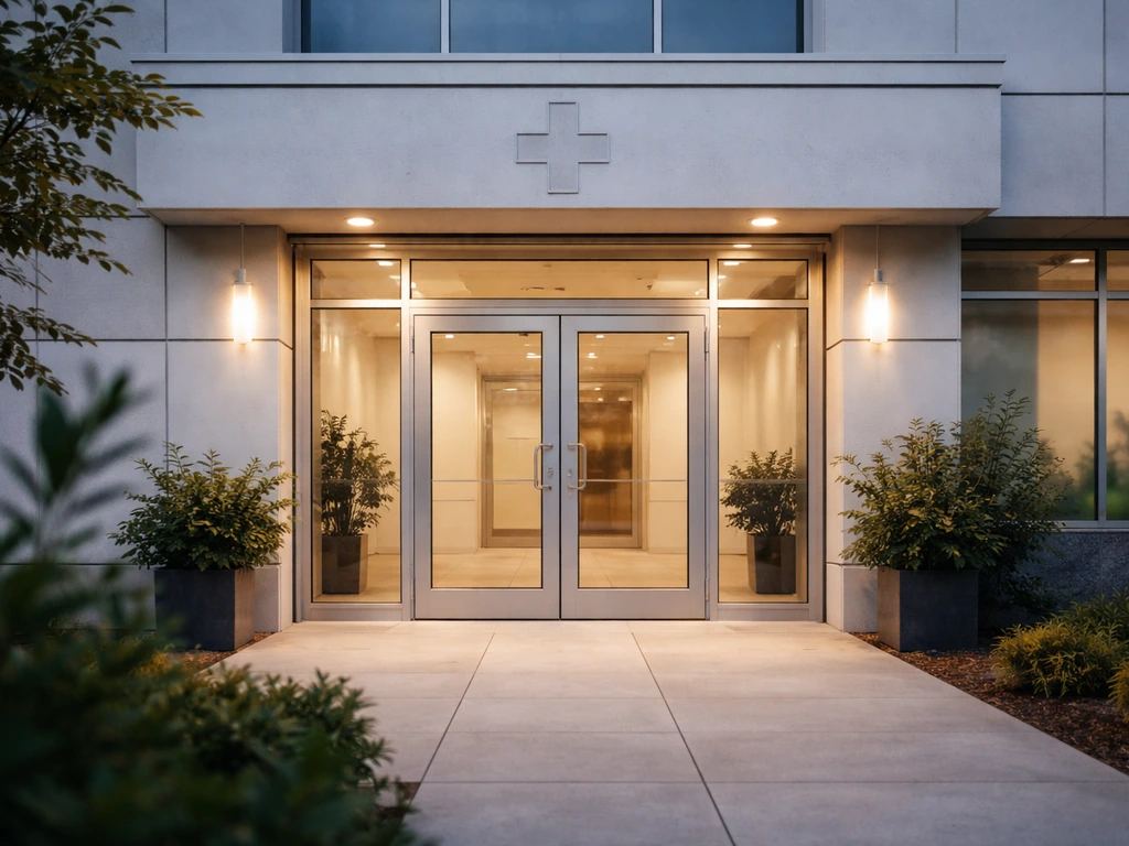 Modern clinic entrance with a calm, healthcare-themed atmosphere suggesting a SOMOS co-founder business context.